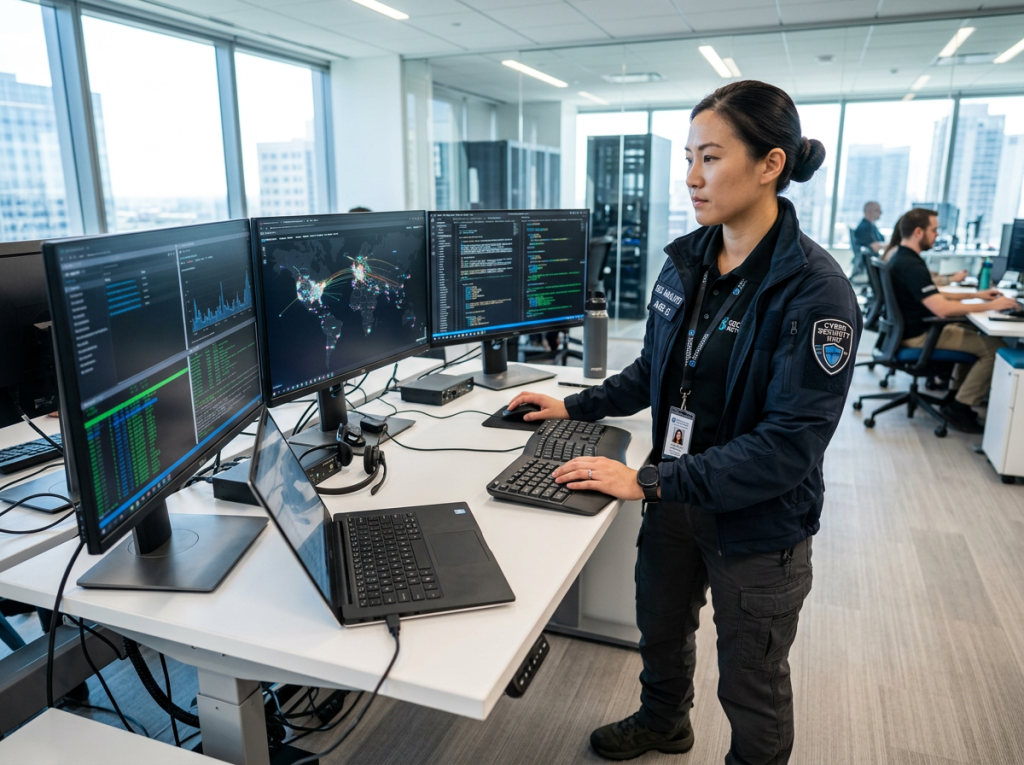 Woman cybersecurity analyst standing at desk with three monitors showing world map and code